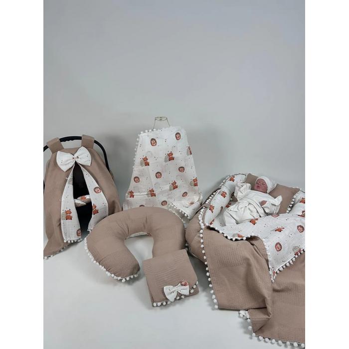 Babynest 8'li set bej waffle pike - tavşan tilki kirpi desenli müslin