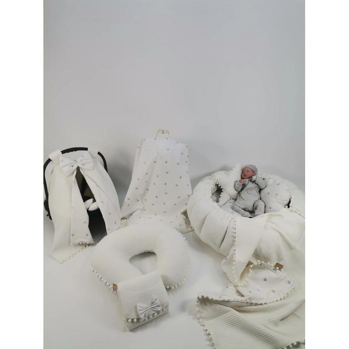 Yuvarlak babynestli 9 'lu set krem waffle pike - gümüş kalpli poplin