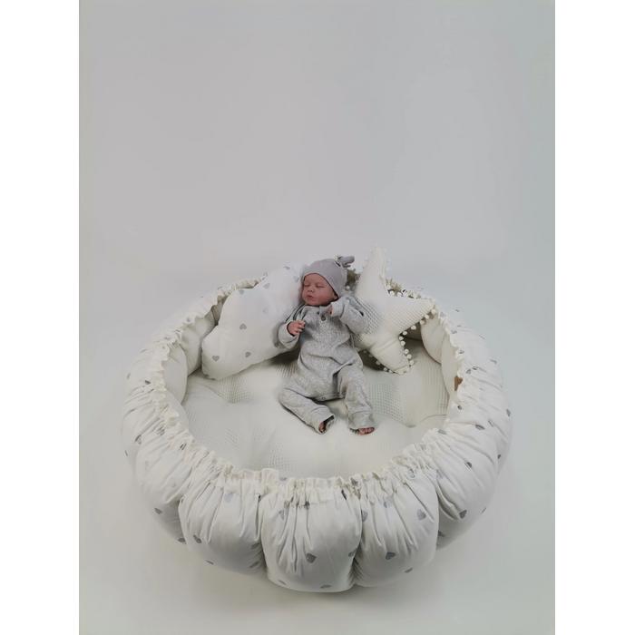 Yuvarlak babynestli 9 'lu set krem waffle pike - gümüş kalpli poplin