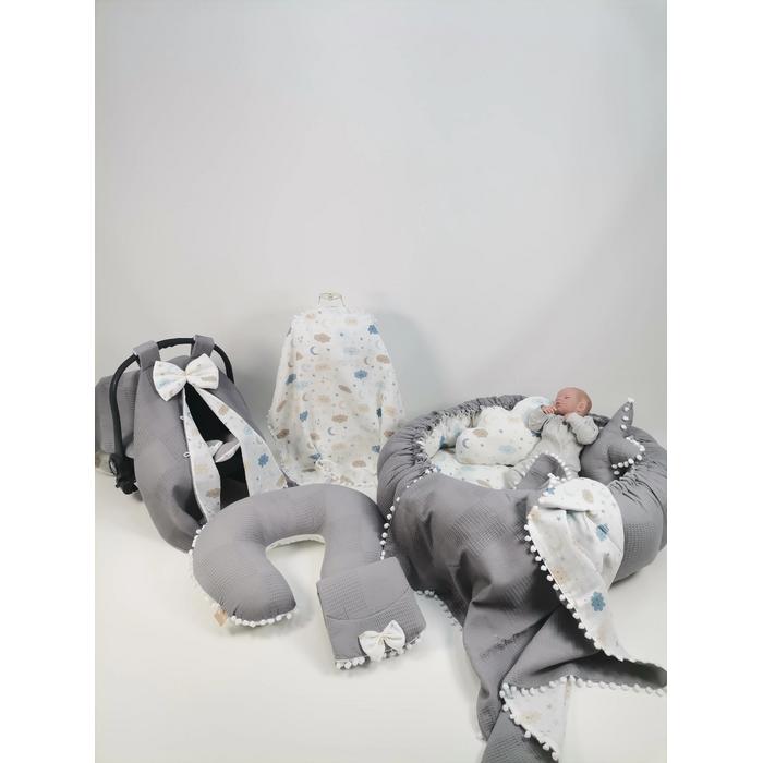 Yuvarlak babynestli 9'lu set koyu gri waffle pike - mavi aylı bulutlu müslin