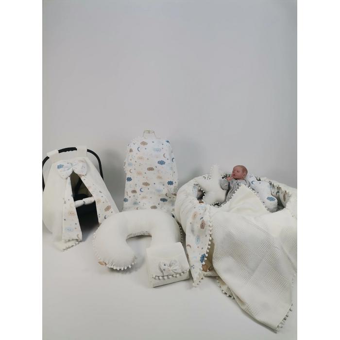 Yuvarlak babynestli 9'lu set krem waffle pike - mavi aylı bulutlu müslin