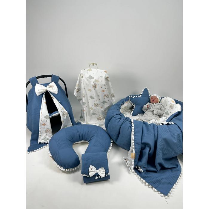 Yuvarlak babynestli 9'lu set indigo mavi pike - gökkuşaklı poplin