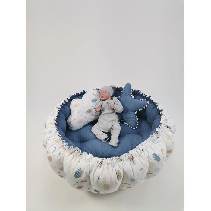 Yuvarlak babynestli 9'lu set indigo mavi waffle pike - mavi aylı bulutlu müslin
