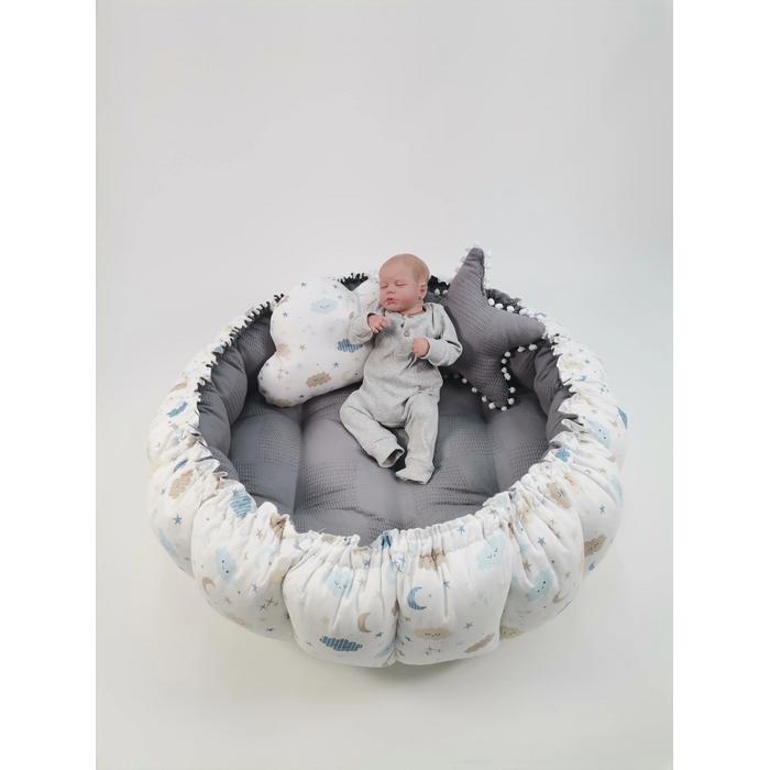 Yuvarlak babynestli 9'lu set koyu gri waffle pike - mavi aylı bulutlu müslin