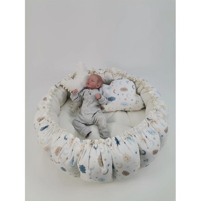 Yuvarlak babynestli 9'lu set krem waffle pike - mavi aylı bulutlu müslin