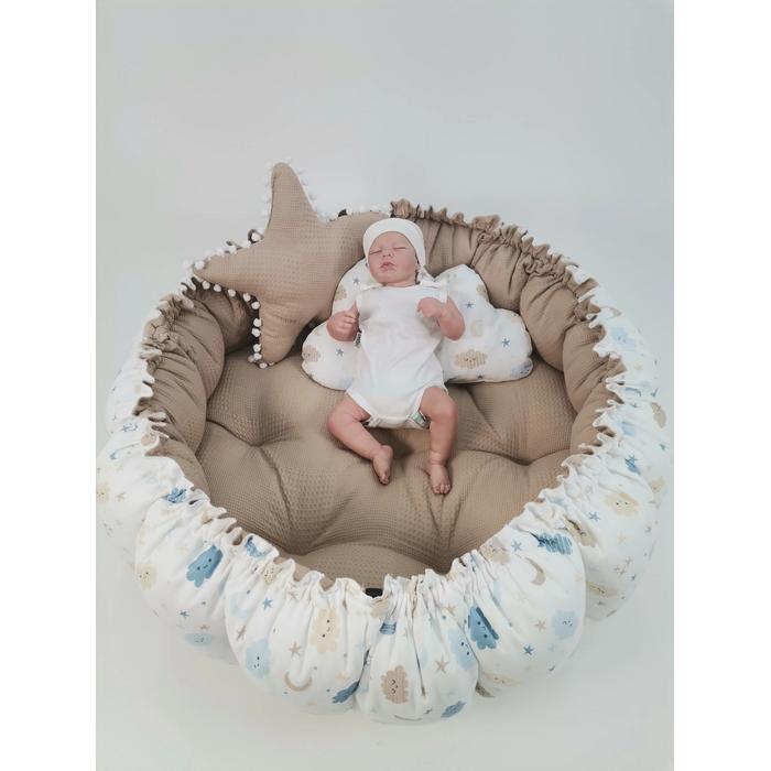 Yuvarlak babynestli 9'lu set bej waffle pike - mavi aylı bulutlu müslin