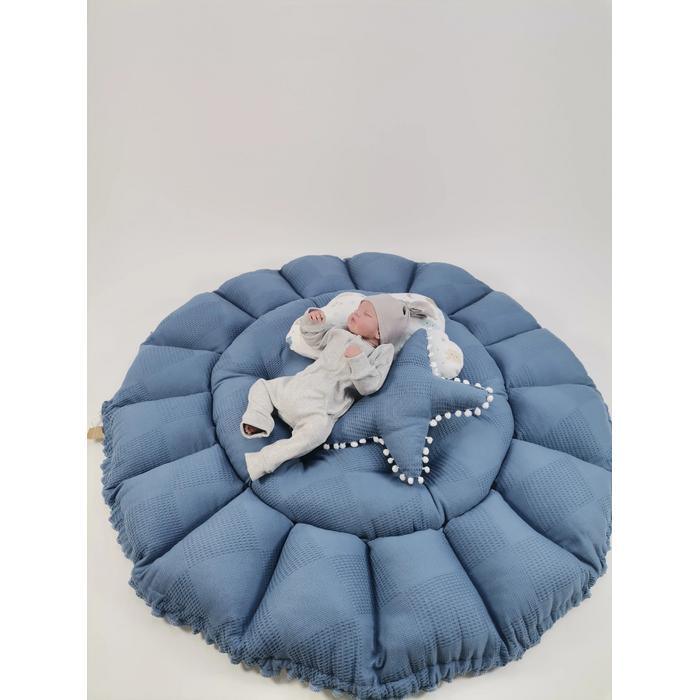 Yuvarlak babynestli 9'lu set indigo mavi waffle pike - mavi aylı bulutlu müslin