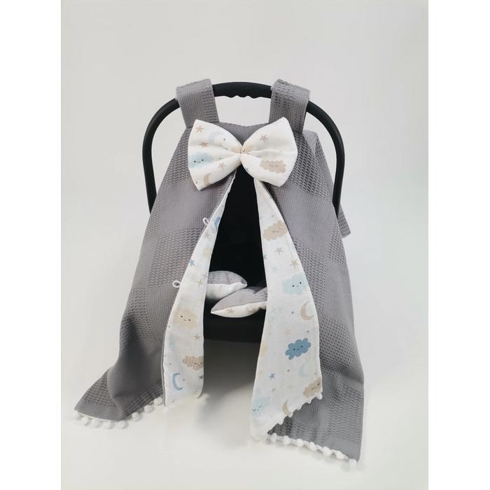 Yuvarlak babynestli 9'lu set koyu gri waffle pike - mavi aylı bulutlu müslin