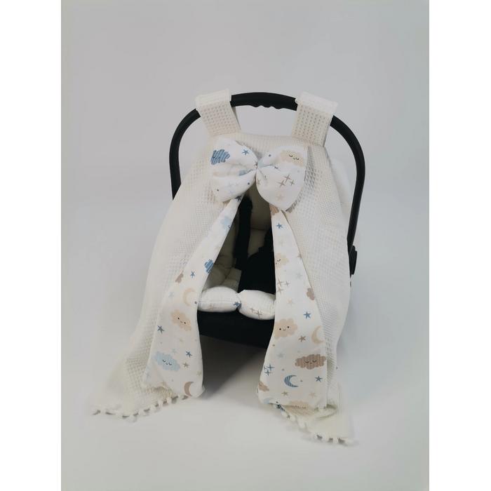 Yuvarlak babynestli 9'lu set krem waffle pike - mavi aylı bulutlu müslin