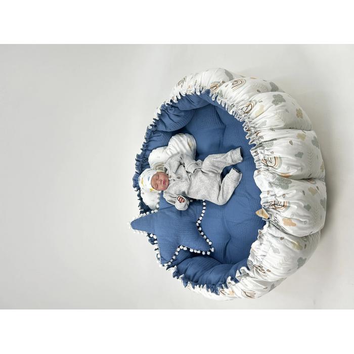 Yuvarlak babynestli 9'lu set indigo mavi pike - gökkuşaklı poplin