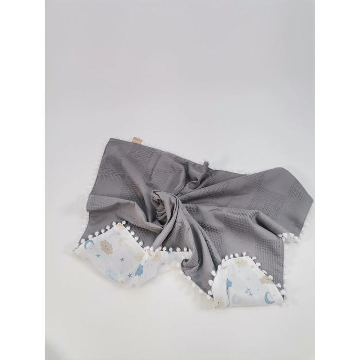 Yuvarlak babynestli 9'lu set koyu gri waffle pike - mavi aylı bulutlu müslin