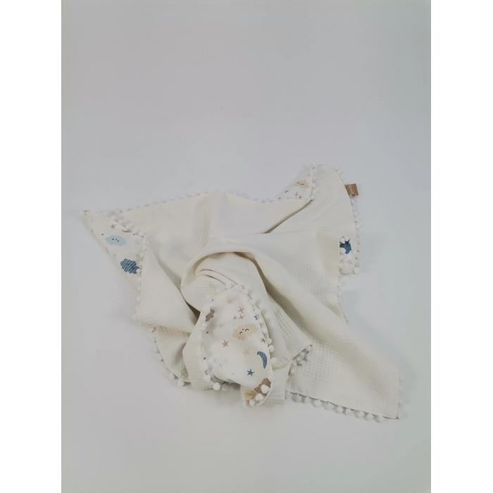 Yuvarlak babynestli 9'lu set krem waffle pike - mavi aylı bulutlu müslin