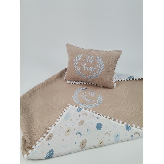 Yuvarlak babynestli 9'lu set bej waffle pike - mavi aylı bulutlu müslin