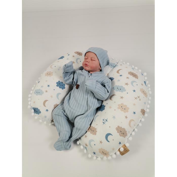 Yuvarlak babynestli 9'lu set mavi waffle pike - mavi aylı bulutlu müslin