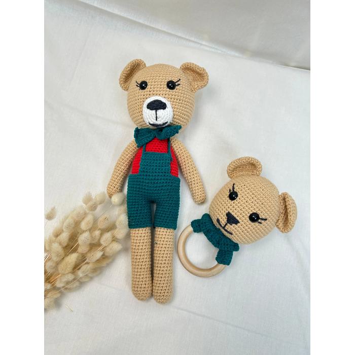 Amigurumi oyuncak yeşil tulumlu sevimli ayıcıkve diş kaşıyıcı