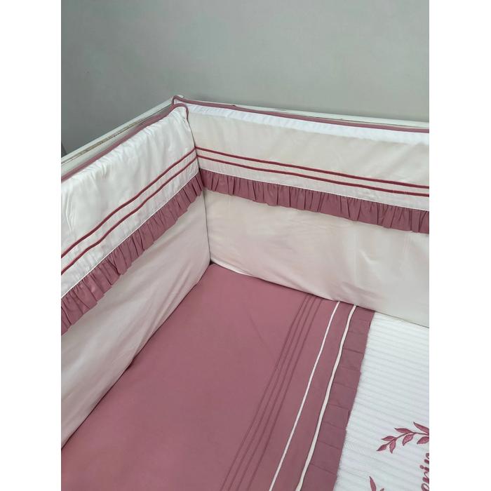 Beşik korumalığı fitilli beyaz  poplin -gül kurusu poplin fırfırlı pikolu