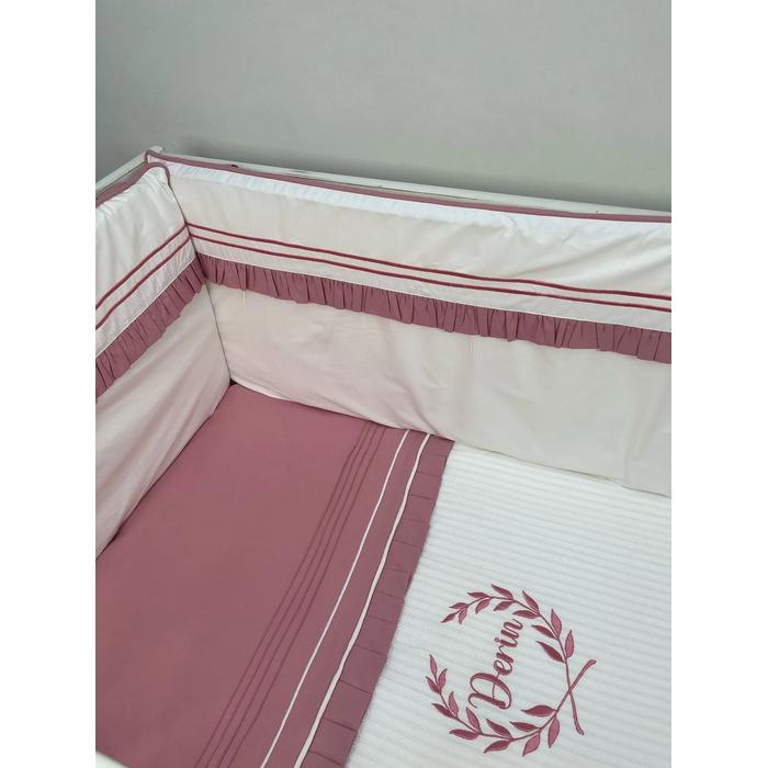 Beşik korumalığı fitilli beyaz  poplin -gül kurusu poplin fırfırlı pikolu