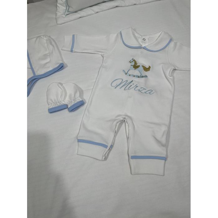 Beyaz - mavi biyeli tulum takım 2