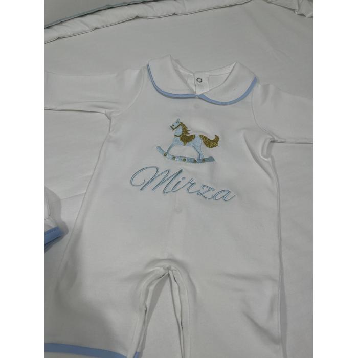 Beyaz - mavi biyeli tulum takım 2