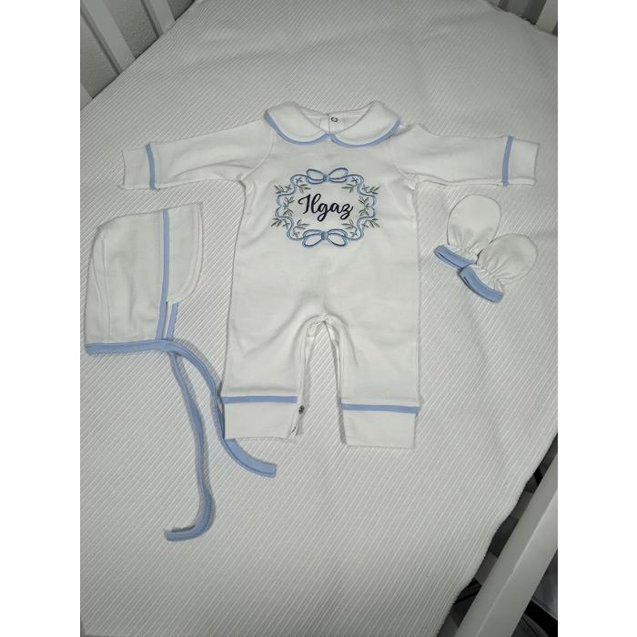 Beyaz - mavi biyeli tulum takım 3