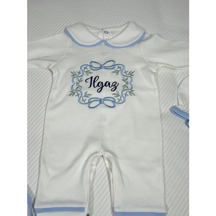 Beyaz - mavi biyeli tulum takım 3