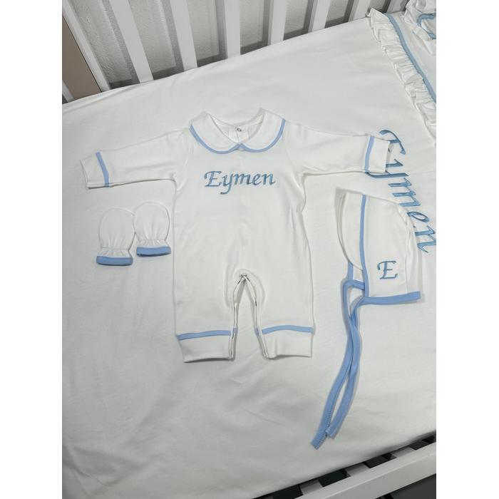 Beyaz - mavi biyeli tulum takım 5