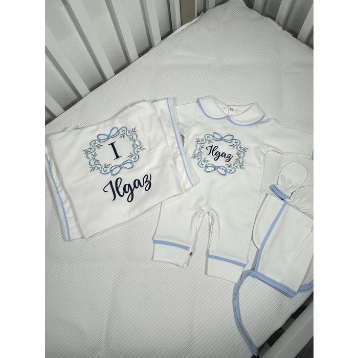 Mavi Biyeli Penye Tulum takımı ve battaniye 