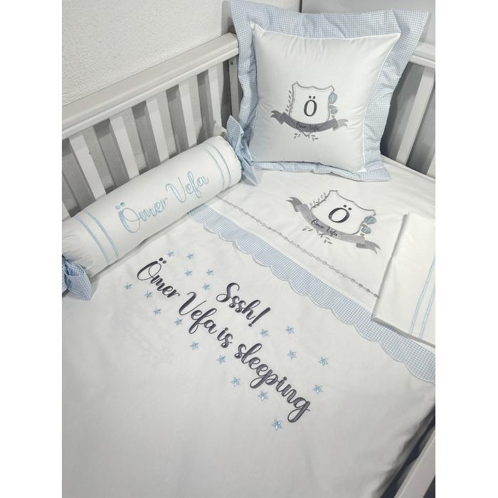 Nevresim takımı 5 parça beyaz ve mavi pötikareli poplin