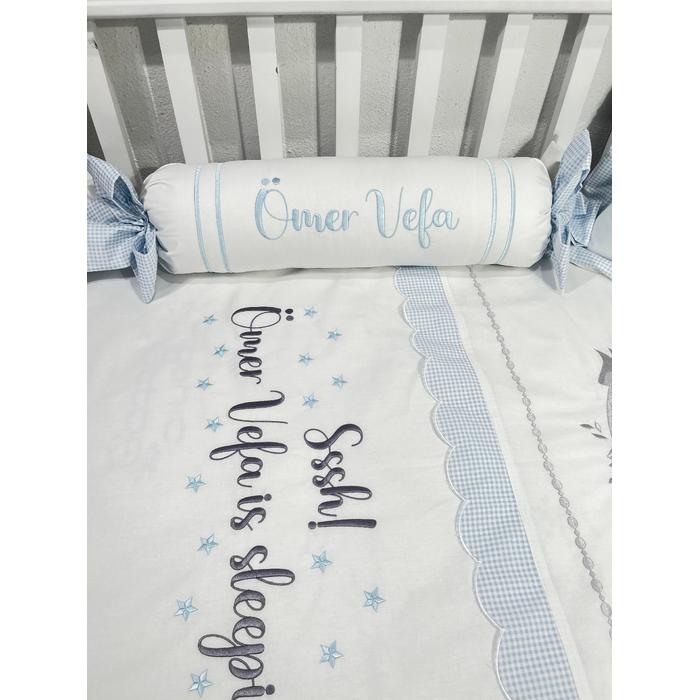 Nevresim takımı 5 parça beyaz ve mavi pötikareli poplin