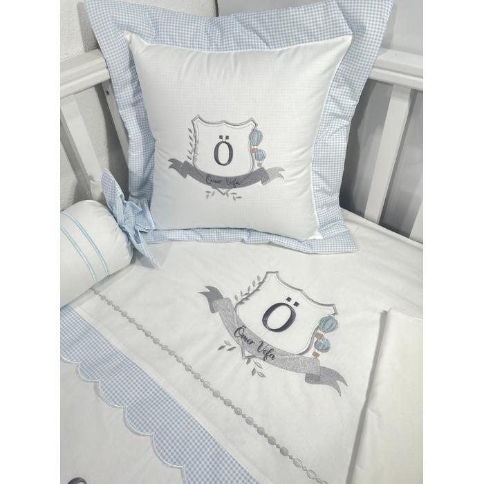 Nevresim takımı 5 parça beyaz ve mavi pötikareli poplin