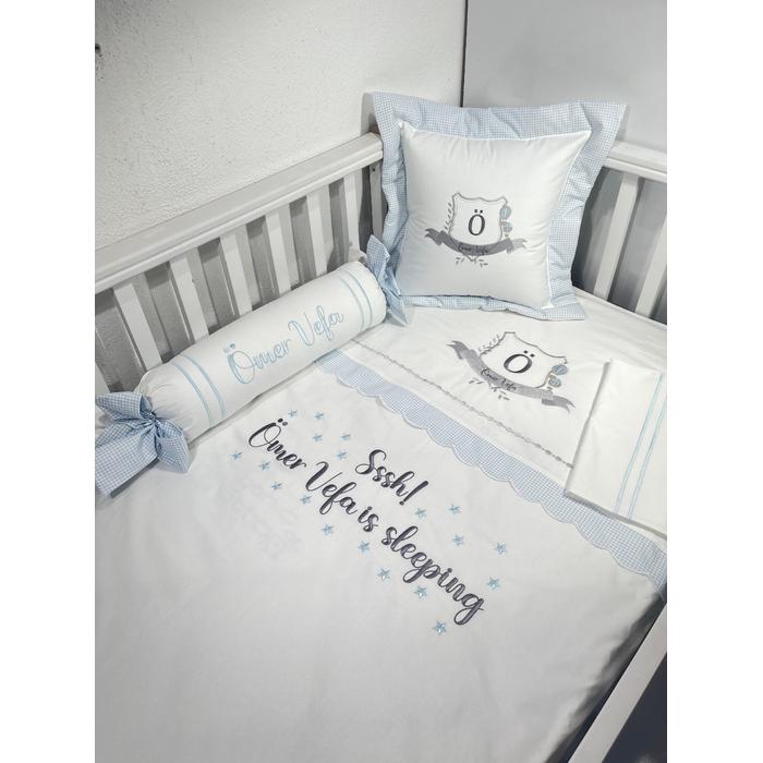 Nevresim takımı 5 parça beyaz ve mavi pötikareli poplin