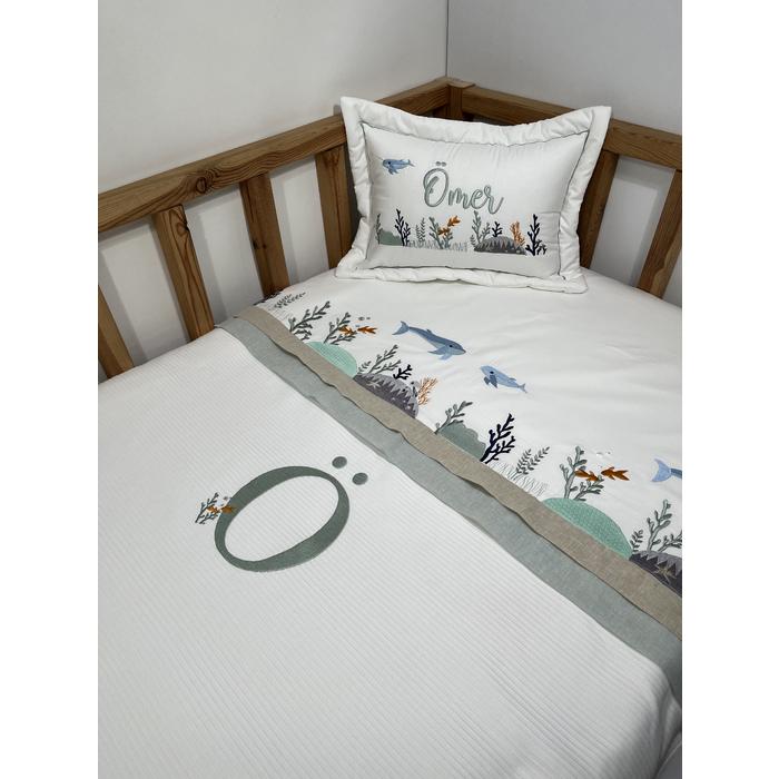 Pike takımı 4 parça beyaz fitilli pike - bej ile yeşik isviçre keteni - beyaz poplin