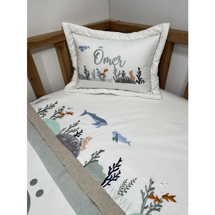 Pike takımı 4 parça beyaz fitilli pike - bej ile yeşik isviçre keteni - beyaz poplin