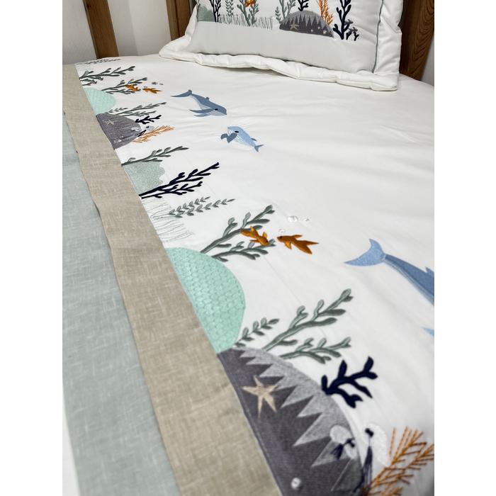 Pike takımı 4 parça beyaz fitilli pike - bej ile yeşik isviçre keteni - beyaz poplin