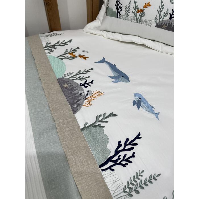 Pike takımı 4 parça beyaz fitilli pike - bej ile yeşik isviçre keteni - beyaz poplin