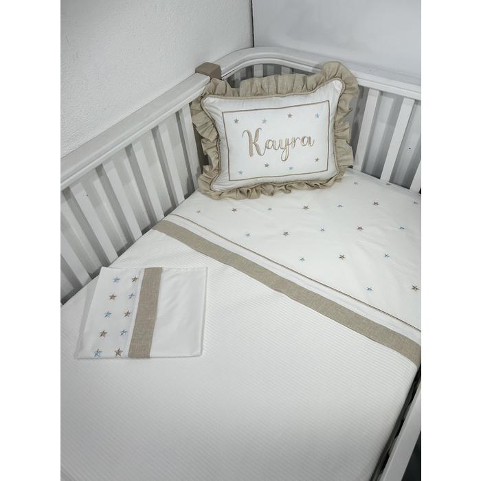 Pike takımı 4 parça beyaz fitilli pike - bej isviçre keteni