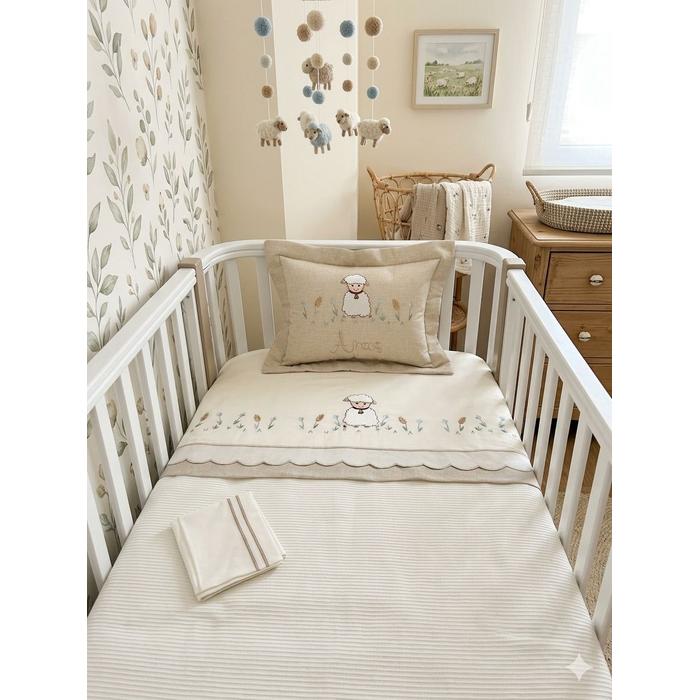 Pike takımı 4 parça beyaz fitilli pike - bej isviçre keteni 2