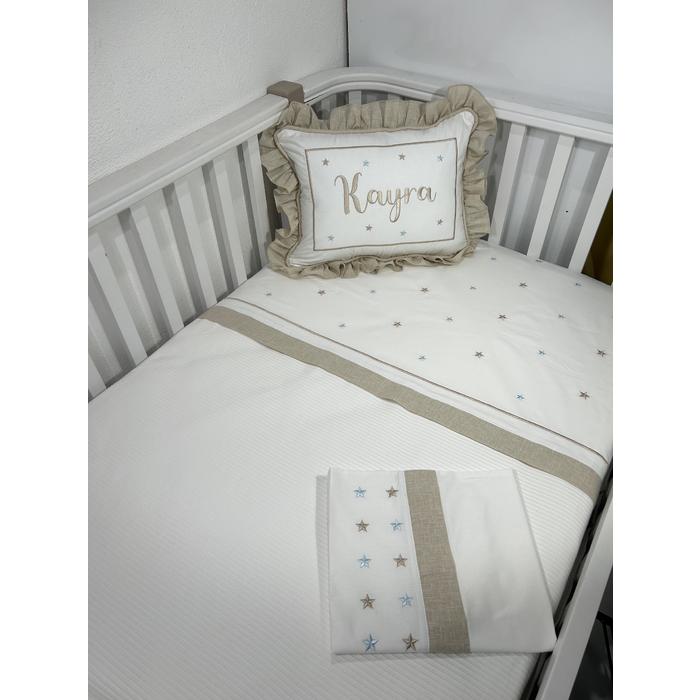 Pike takımı 4 parça beyaz fitilli pike - bej isviçre keteni