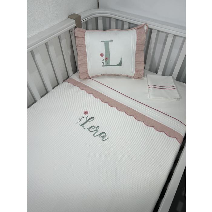 Pike takımı 4 parça beyaz fitilli pike - pudra pembe isviçre keteni