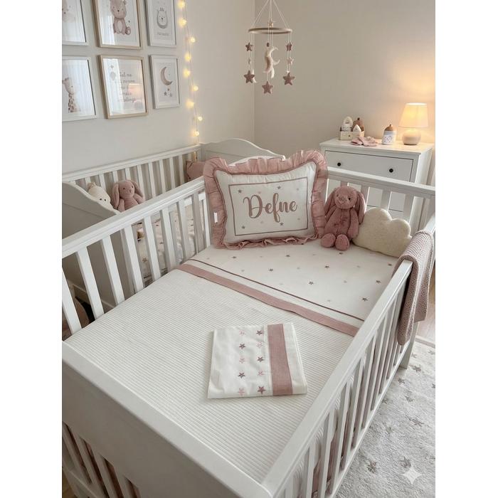 Pike takımı 4 parça beyaz fitilli pike - pudra pembe isviçre keteni 2