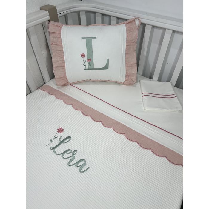 Pike takımı 4 parça beyaz fitilli pike - pudra pembe isviçre keteni