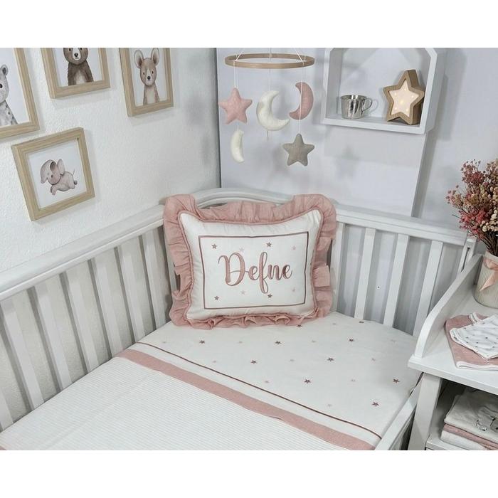 Pike takımı 4 parça beyaz fitilli pike - pudra pembe isviçre keteni 2