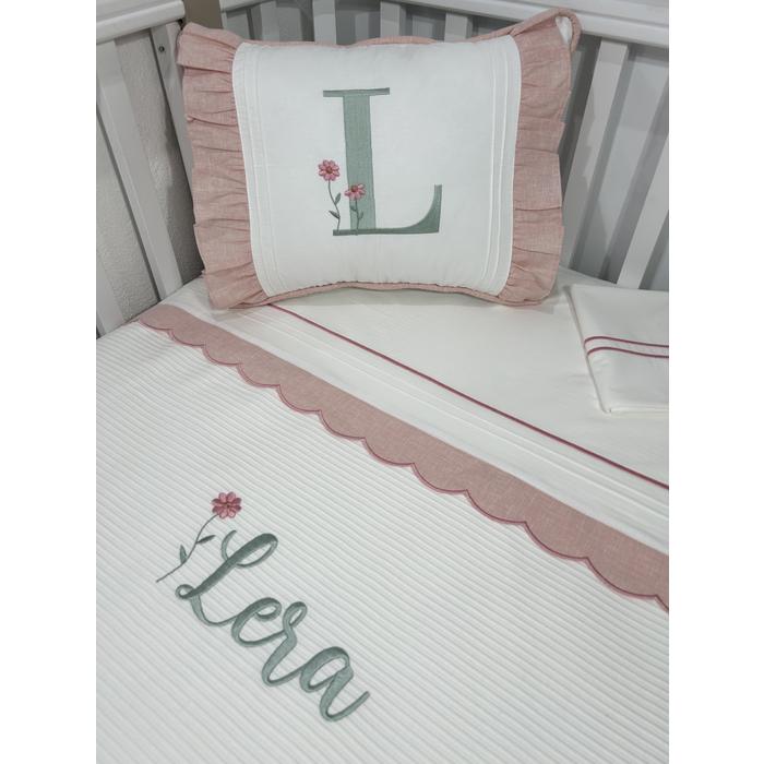 Pike takımı 4 parça beyaz fitilli pike - pudra pembe isviçre keteni