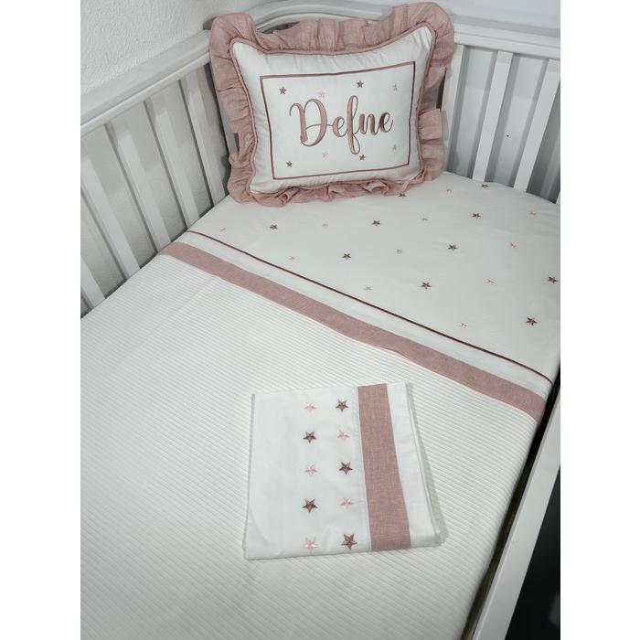 Pike takımı 4 parça beyaz fitilli pike - pudra pembe isviçre keteni 2