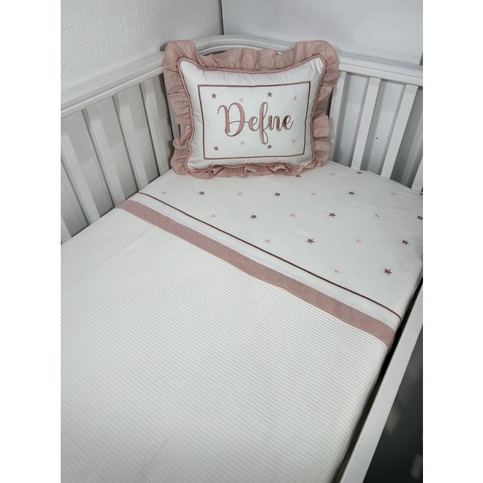 Pike takımı 4 parça beyaz fitilli pike - pudra pembe isviçre keteni 2