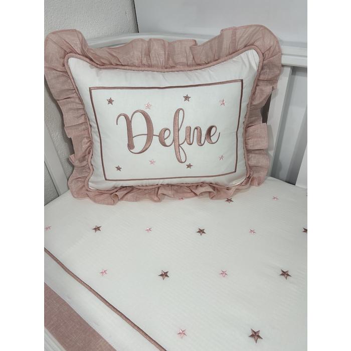 Pike takımı 4 parça beyaz fitilli pike - pudra pembe isviçre keteni 2