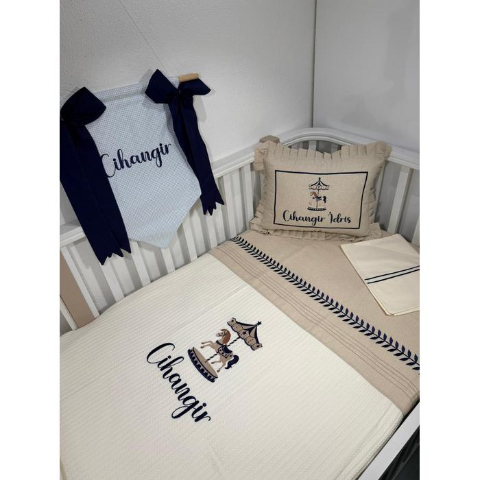 Pike takımı 4 parça krem örgü pike - bej isviçre keteni 