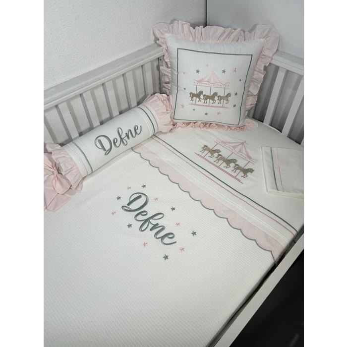 Pike takımı 5 parça beyaz fitilli pike - açık pudra pembe poplin