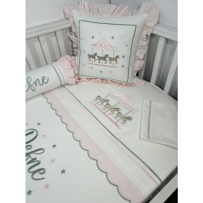 Pike takımı 5 parça beyaz fitilli pike - açık pudra pembe poplin