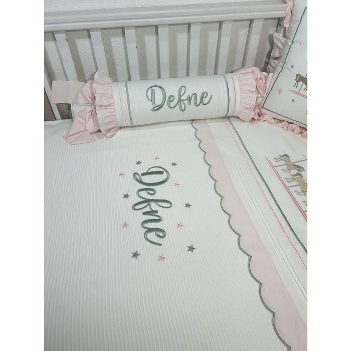 Pike takımı 5 parça beyaz fitilli pike - açık pudra pembe poplin